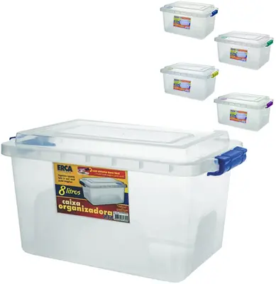 CAIXA ORGANIZADOR CONTAINER DE PLASTICO RETANGULAR ALTA COM TRAVA COLORS 8L 19X35CM