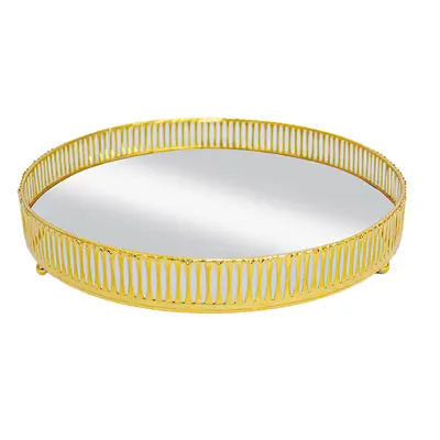 BANDEJA DE METAL COM ESPELHO REDONDO DECORATIVA METALIZADO DOURADO 4X25CM DE Ø
