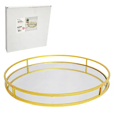 BANDEJA ARAMADO COM ESPELHO REDONDO DECORATIVA METALIZADO DOURADO DECOR 3,2X30CM DE Ø