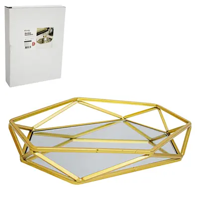 BANDEJA ARAMADO COM ESPELHO DECORATIVA METALIZADO DOURADO DECOR 27,8X20,7X4,5CM