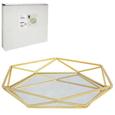 BANDEJA ARAMADO COM ESPELHO HEXAGONAL DECORATIVA METALIZADO DOURADO DECOR 35,8X31,2X4,8CM
