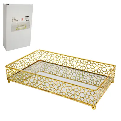 BANDEJA DE METAL COM ESPELHO RETANGULAR DECORATIVA METALIZADO DOURADO DECOR 25X15X4,5CM