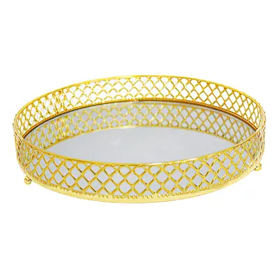 BANDEJA DE METAL COM ESPELHO REDONDO DECORATIVA METALIZADO DOURADO CASA 4,5X25CM DE Ø