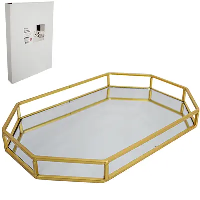 BANDEJA ARAMADO COM ESPELHO OITAVADO DECORATIVA METALIZADO DOURADO DECOR 38,5X24,5X3,3CM