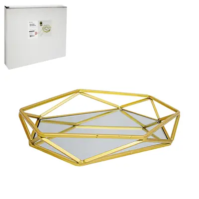 BANDEJA ARAMADO COM ESPELHO HEXAGONAL DECORATIVA METALIZADO DOURADO DECOR 27X23,8X4,8CM