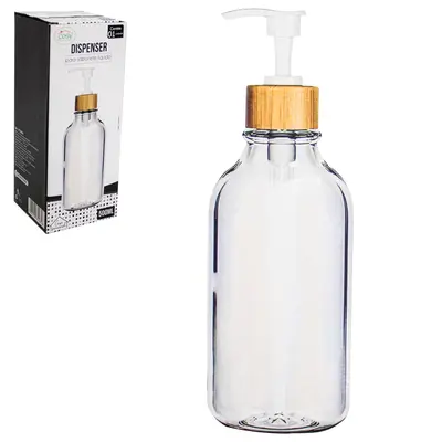 PORTA SABONETE LIQUIDO DE VIDRO REDONDO TRANSPARENTE GOLA DE BAMBU 500ML