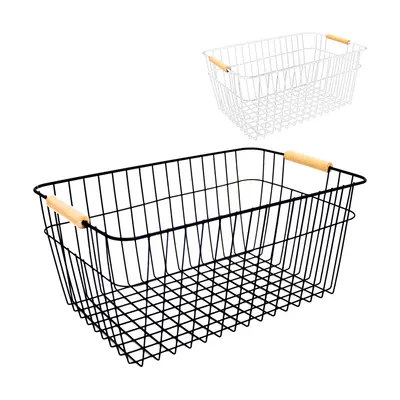 CESTO ORGANIZADOR ARAMADO RETANGULAR MULTIUSO COM ALCA DE MADEIRA 32X20,5X13,5CM