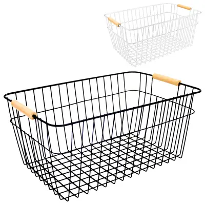 CESTO ORGANIZADOR ARAMADO RETANGULAR MULTIUSO COM ALCA DE MADEIRA 37X23X16CM