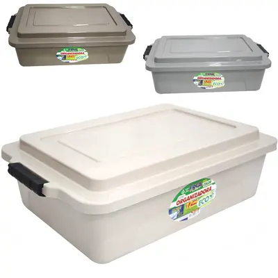 CAIXA ORGANIZADOR CONTAINER DE PLASTICO RETANGULAR COLOR ECO COM TAMPA + TRAVA E ALCA 17L 51X35X15CM