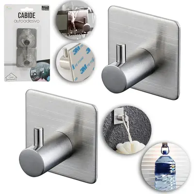 CABIDE GANCHO DE INOX QUADRADO AUTOADESIVO COM 2 PECAS 4,5X3CM