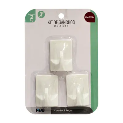 CABIDE GANCHO DE PLASTICO RETANGULAR AUTOADESIVO INOVA COM 3 PECAS 5,5X3,8X3CM