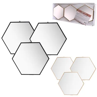 ESPELHO DE PENDURAR EMOLDURADO HEXAGONAL DECORATIVO + ALCA CORRENTE BLACK / METALIZADO DOURADO 3 PECAS 22X20CM