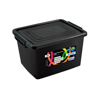CAIXA ORGANIZADOR CONTAINER DE PLASTICO RETANGULAR PRETO COM TAMPA + TRAVA E ALCA 10L 35,4X26,1X19CM