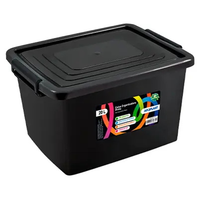 CAIXA ORGANIZADOR CONTAINER DE PLASTICO RETANGULAR PRETO COM TAMPA + TRAVA E ALCA 20L 40,5X30,5X23CM