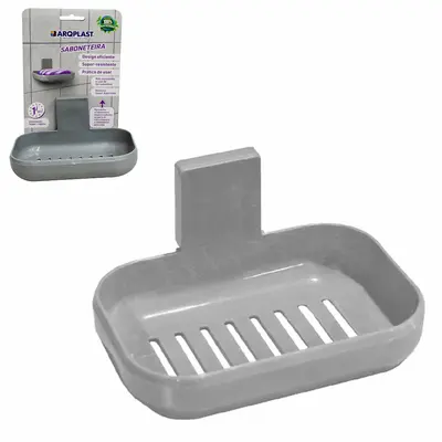 SABONETEIRA DE PAREDE DE PLASTICO RETANGULAR COM AUTOADESIVO CINZA 12,3X9X6CM