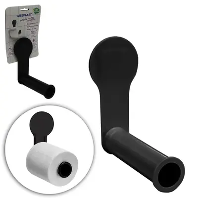 SUPORTE PORTA PAPEL HIGIENICO DE PAREDE DE PLASTICO COM AUTOADESIVO PRETO 13,3X11,6X5,9CM
