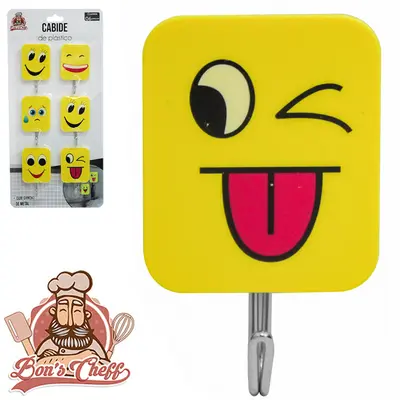 CABIDE GANCHO DE METAL EMOTICONS RETANGULAR AUTOADESIVO COM 6 PECAS 6,5X4CM