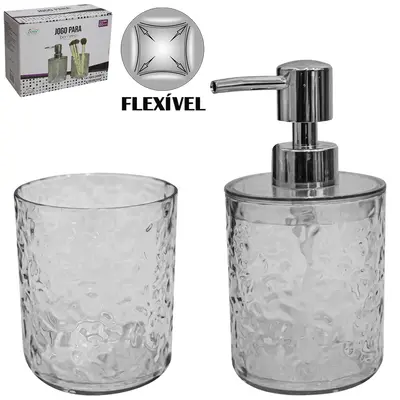 JOGO PARA BANHEIRO DE PLASTICO PET FLEXIVEL REDONDO FUME COM 2 PECAS 330ML