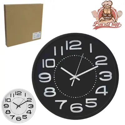 RELOGIO DE PAREDE REDONDO NUMERO METALIZADO BRANCO / PRETO 30CM DE Ø