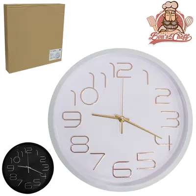 RELOGIO DE PAREDE REDONDO NUMERO METALIZADO BRANCO / PRETO 30CM DE Ø