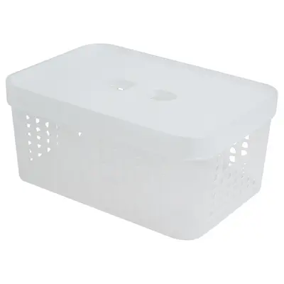CESTO CAIXA ORGANIZADOR DE PLASTICO RETANGULAR VAZADO EMPILHAVEL COM TAMPA + ALCA TRANSPARENTE 2L 18,5X13,5X9,4CM