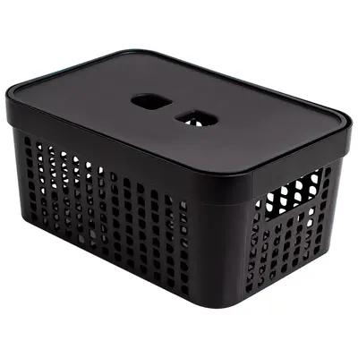 CESTO CAIXA ORGANIZADOR DE PLASTICO RETANGULAR VAZADO EMPILHAVEL COM TAMPA + ALCA PRETO 4,5L 26X18X11,5CM