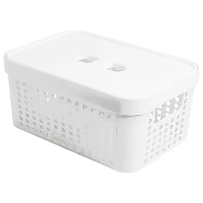 CESTO CAIXA ORGANIZADOR DE PLASTICO RETANGULAR VAZADO EMPILHAVEL COM TAMPA + ALCA BRANCO 4,5L 26X18X11,5CM