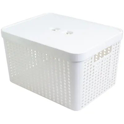 CESTO CAIXA ORGANIZADOR DE PLASTICO RETANGULAR VAZADO EMPILHAVEL COM TAMPA + ALCA BRANCO 17L 35,6X27X20CM