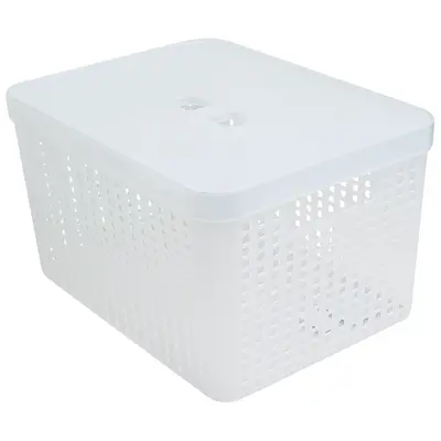 CESTO CAIXA ORGANIZADOR DE PLASTICO RETANGULAR VAZADO EMPILHAVEL COM TAMPA + ALCA TRANSPARENTE 17L 35,6X27X20CM