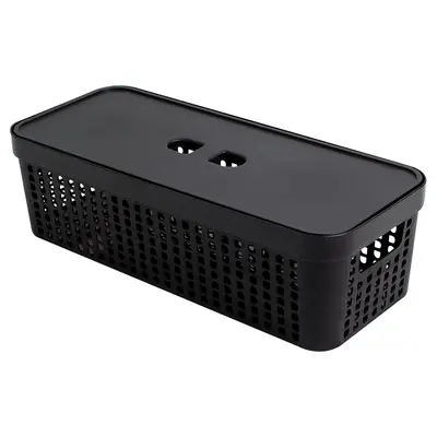 CESTO CAIXA ORGANIZADOR DE PLASTICO RETANGULAR VAZADO EMPILHAVEL COM TAMPA + ALCA PRETO 3,6L 33,5X14X9,6CM