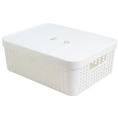 CESTO CAIXA ORGANIZADOR DE PLASTICO RETANGULAR VAZADO EMPILHAVEL COM TAMPA + ALCA BRANCO 11L 35,6X27X12,5CM
