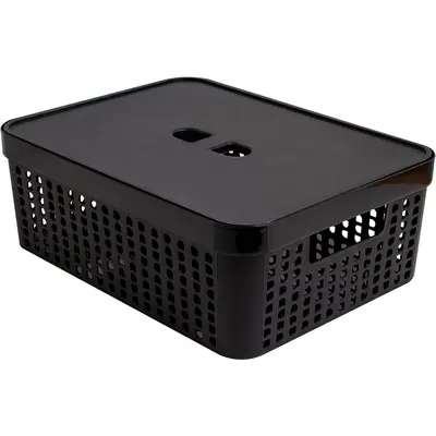 CESTO CAIXA ORGANIZADOR DE PLASTICO RETANGULAR VAZADO EMPILHAVEL COM TAMPA + ALCA PRETO 11L 35,6X27X12,5CM
