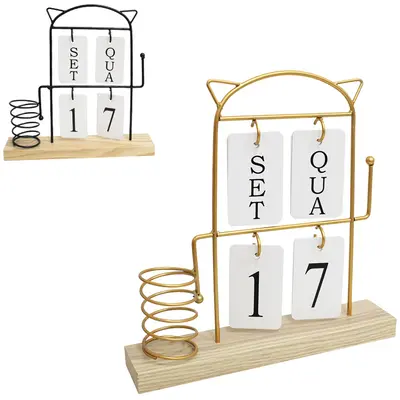 CALENDARIO DE METAL GATO COM PORTA TRECO + BASE DE MADEIRA MDF 24X24X5CM