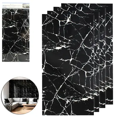 PAPEL DE PAREDE PLACA AUTOADESIVO MARMORE PRETO COM 4 PECAS 60X30CM