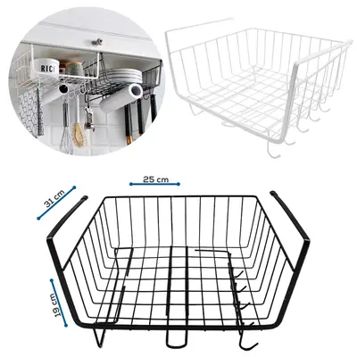CESTO ORGANIZADOR ARAMADO PARA PRATELEIRA COM 6 GANCHOS + PORTA PAPEL TOALHA BLACK / WHITE 31X26X20CM