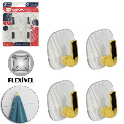 CABIDE GANCHO DE PLASTICO PET FLEXIVEL QUADRADO AUTOADESIVO TRANSPARENTE COM 4 PECAS 5,7CM