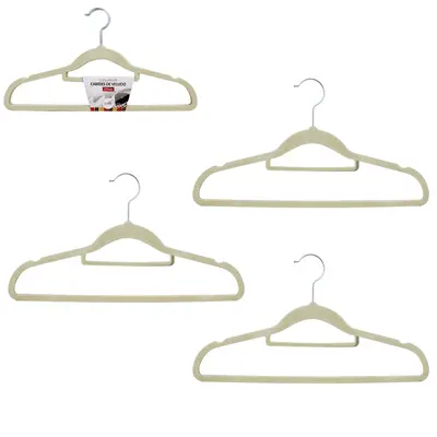 CABIDE ROUPA DE PLASTICO REVESTIDO EM VELUDO COM CAVA BEGE 3 PECAS 42X21CM 4MM