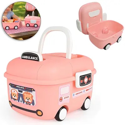 ORGANIZADOR DE PLASTICO COM ALCA E RODINHA AMBULANCIA ROSA 20X14X10CM