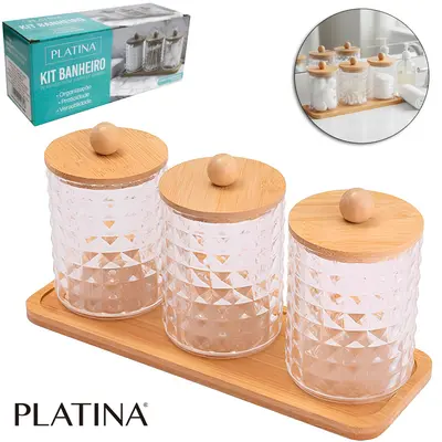 ORGANIZADOR PORTA ALGODAO E COTONETE DE ACRILICO COM 3 PECAS + TAMPA E SUPORTE DE BAMBU PLATINA 23,5X8,5X7CM