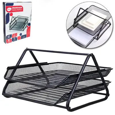 ORGANIZADOR DE MESA DE ESCRITORIO ARAMADO COM 2 DIVISORIAS 35X30X18CM