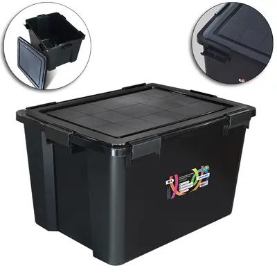CAIXA ORGANIZADOR CONTAINER DE PLASTICO RETANGULAR EMPILHAVEL PRETO COM TAMPA + TRAVA E ALCA 80L 60X44X35CM