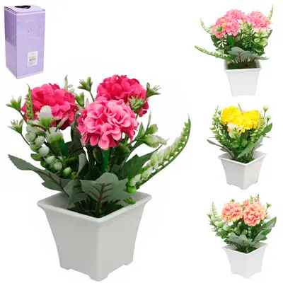 FLOR PERMANENTE MINI HORTENCIA COM VASO DE PLASTICO QUADRADO 18X7X5CM VCF