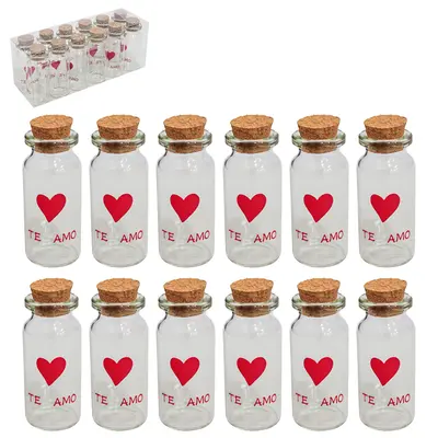 FRASCO / POTE DE VIDRO REDONDO TE AMO COM TAMPA CORTICA 12 PECAS 20ML