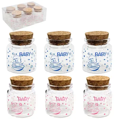 FRASCO / POTE DE VIDRO REDONDO BABY AZUL / ROSA COM TAMPA CORTICA 6 PECAS 65ML