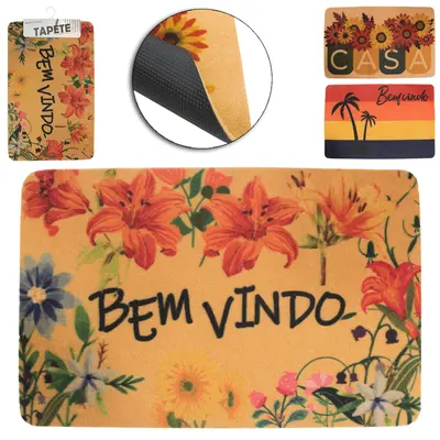 TAPETE CAPACHO DE PISO DE VELUDO RETANGULAR ANTIDERRAPANTE ESTAMPAS SORTIDAS 58X38CM