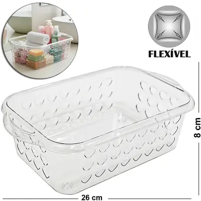 ORGANIZADOR DE PLASTICO PET FLEXIVEL RETANGULAR COM ALCA CORACAO VAZADO 26X15,5X8CM