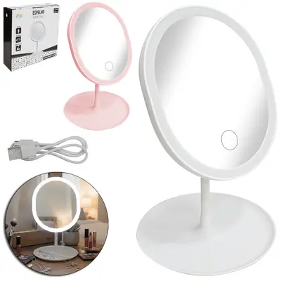 ESPELHO DE MESA REDONDO COM TOUCH + LED E BASE PORTA OBJETOS USB 28,5X18,5CM