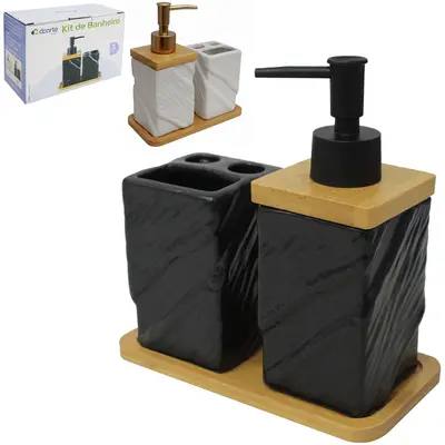 JOGO PARA BANHEIRO DE PORCELANA PRETO / BRANCO COM SUPORTE DE BAMBU 3 PECAS