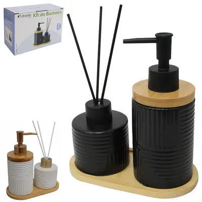 JOGO PARA BANHEIRO COM DIFUSOR DE AROMAS PARA AMBIENTES DE PORCELANA PRETO / BRANCO + SUPORTE DE BAMBU 3 PECAS 290/150ML