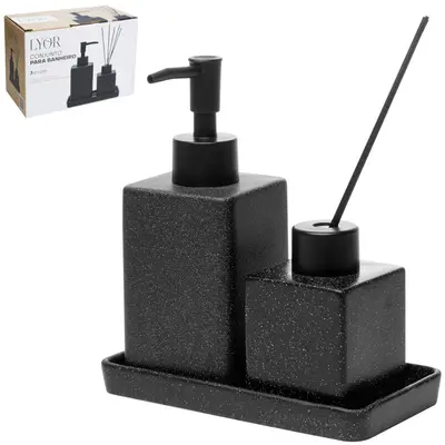 JOGO PARA BANHEIRO COM DIFUSOR DE AROMAS PARA AMBIENTES + SUPORTE DE PORCELANA GRANILITE QUADRATTO PRETO 3 PECAS